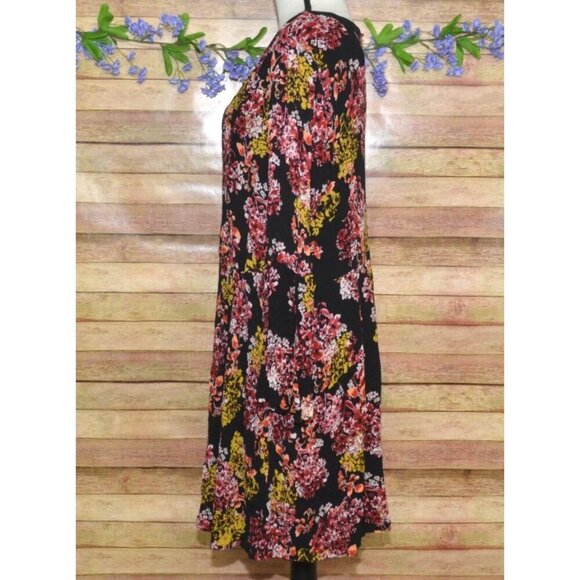 Nina Leonard Black Floral Boho Long Bell Sleeve Knee Length Dress Plus Size 2X - Picture 5 of 12